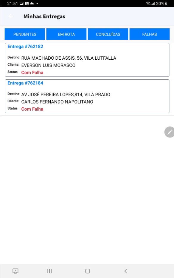 Entregas com Falha